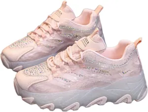 Kawaii Rhinestone Platform Sneakers for Teen Girls and Women - Cute Sparkly Chunky Dad Shoes with Crystal Accents - Fashion Thick Sole Walking Shoes (Pink/White)