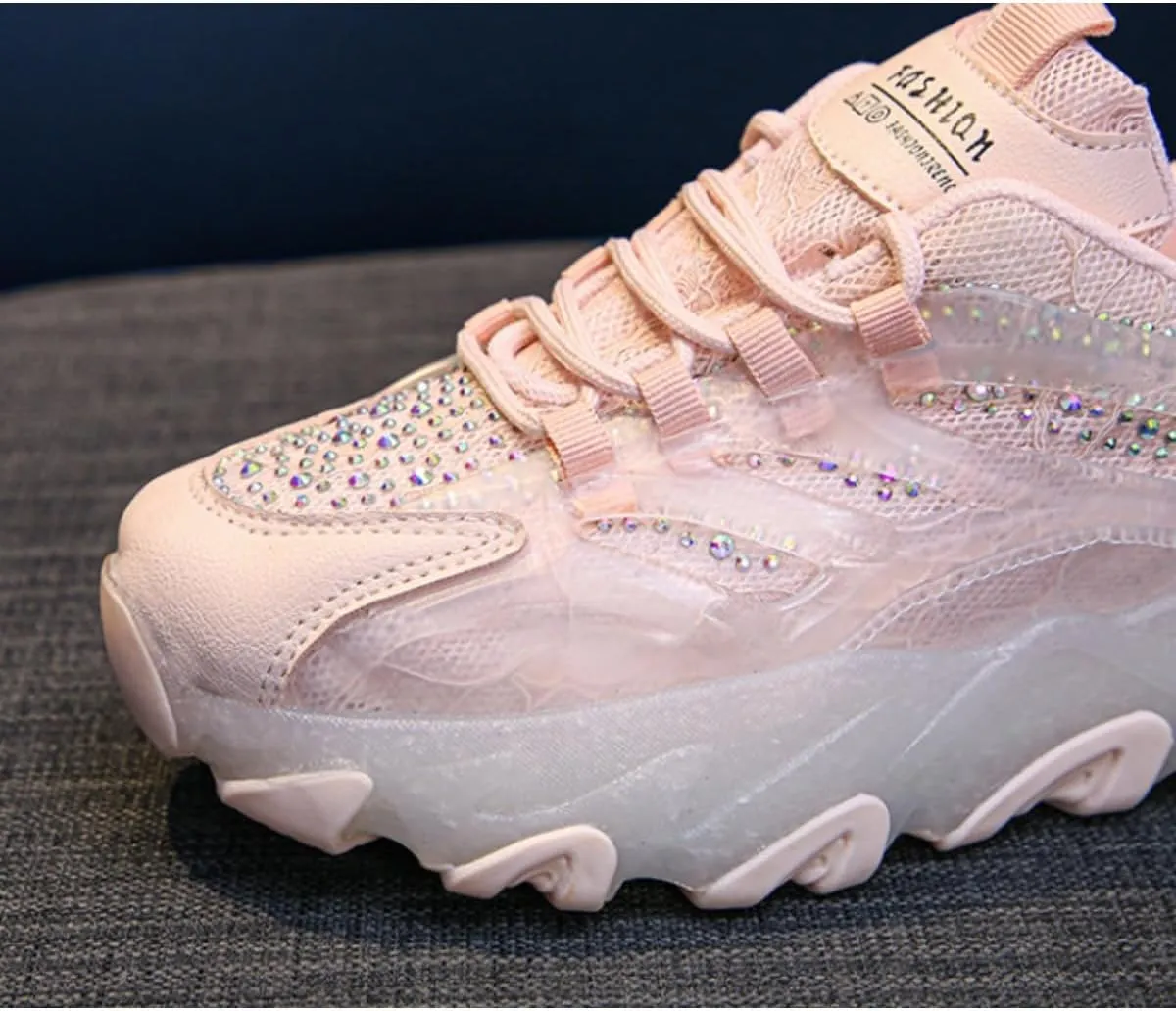 Kawaii Rhinestone Platform Sneakers for Teen Girls and Women - Cute Sparkly Chunky Dad Shoes with Crystal Accents - Fashion Thick Sole Walking Shoes (Pink/White)