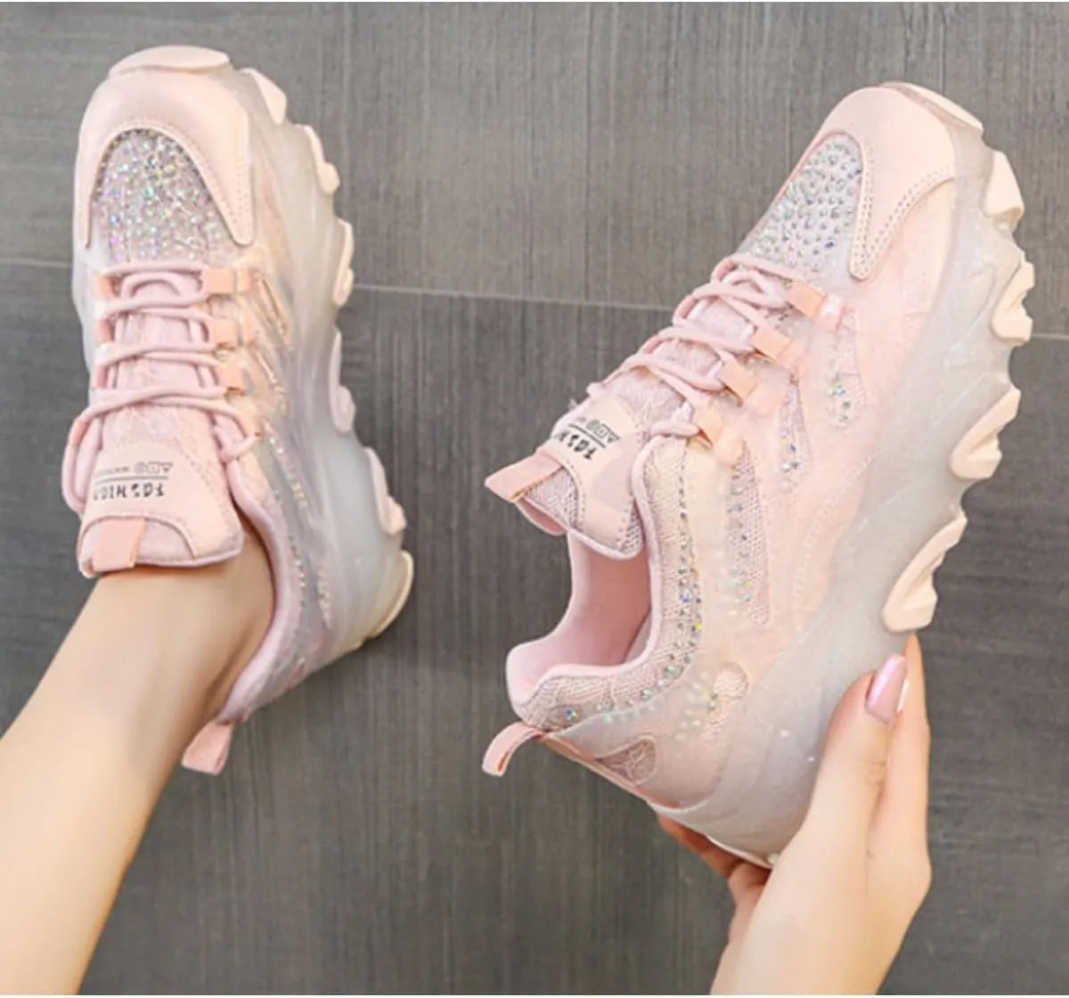 Kawaii Rhinestone Platform Sneakers for Teen Girls and Women - Cute Sparkly Chunky Dad Shoes with Crystal Accents - Fashion Thick Sole Walking Shoes (Pink/White)