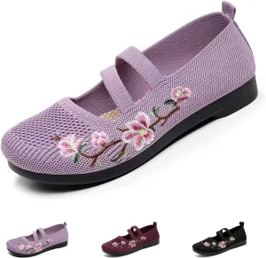 KCTRFSJ Women's Knit Embroidery Slip-on Casual Loafers,Fashion Comfortable Mesh Bohemia Flats Walking Beach Shoes,Lightweight Breathable Non-Slip Mary Jane Shoes