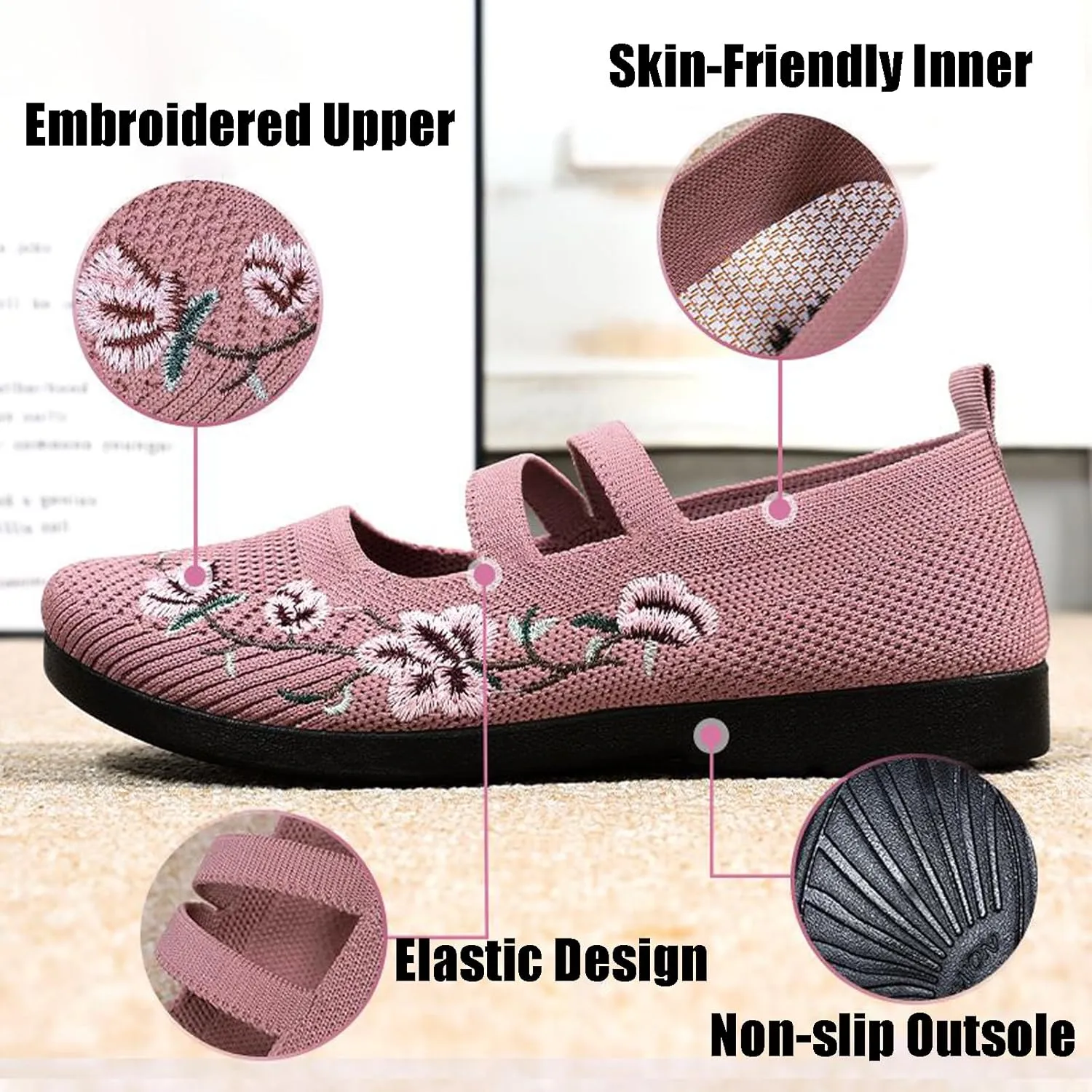 KCTRFSJ Women's Knit Embroidery Slip-on Casual Loafers,Fashion Comfortable Mesh Bohemia Flats Walking Beach Shoes,Lightweight Breathable Non-Slip Mary Jane Shoes
