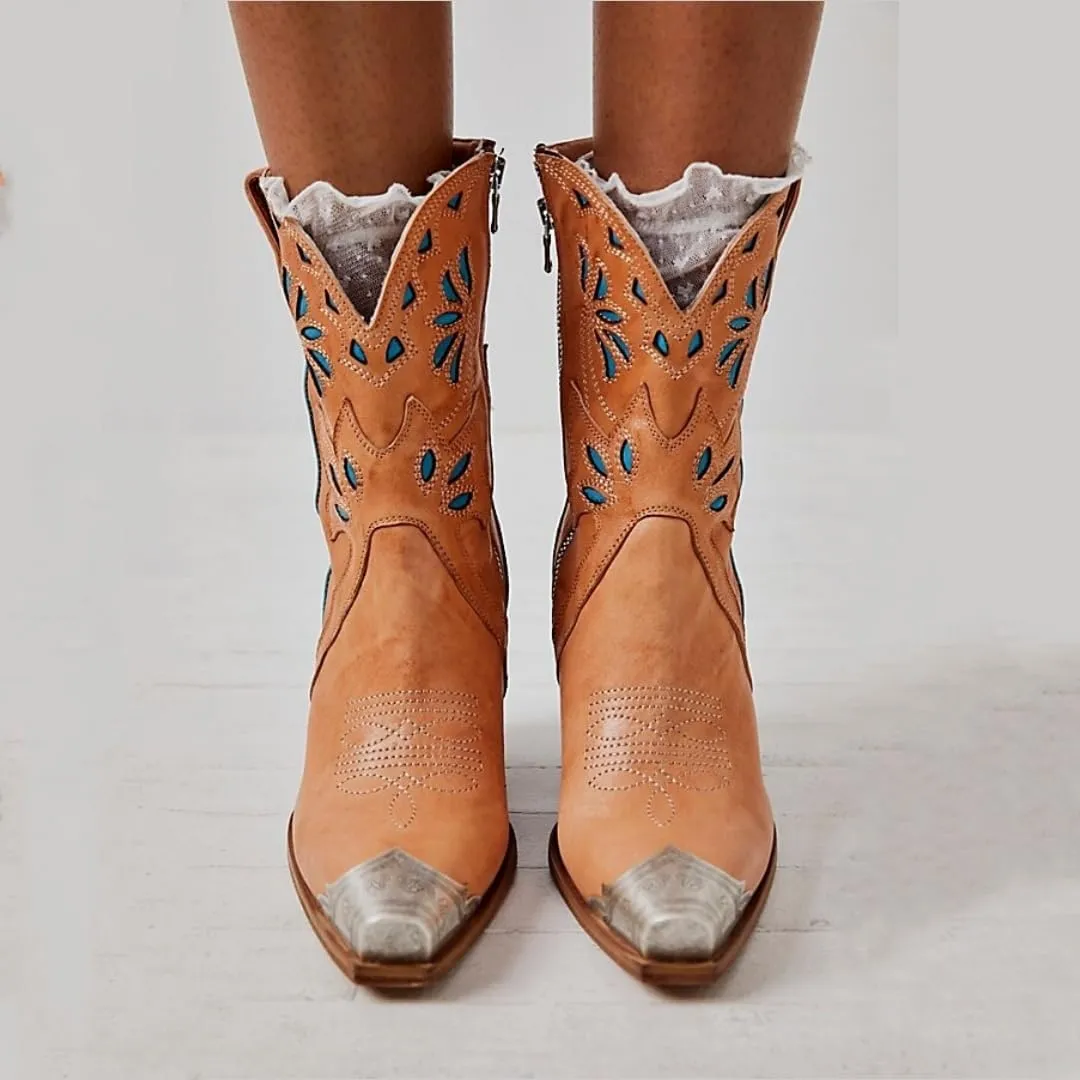 keleimusi Women's Western Cowgirl Ankle Boots Stacked Block Heel Cowboy Booties Steel Toe Heeled Short Cowboy Boots Side Zipper Western Booties for Women