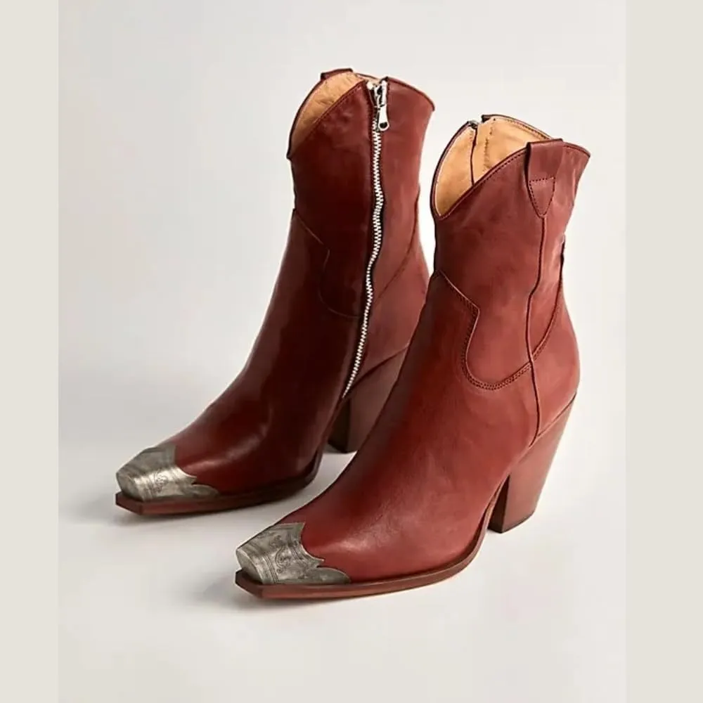 keleimusi Women's Western Cowgirl Ankle Boots Stacked Block Heel Cowboy Booties Steel Toe Heeled Short Cowboy Boots Side Zipper Western Booties for Women