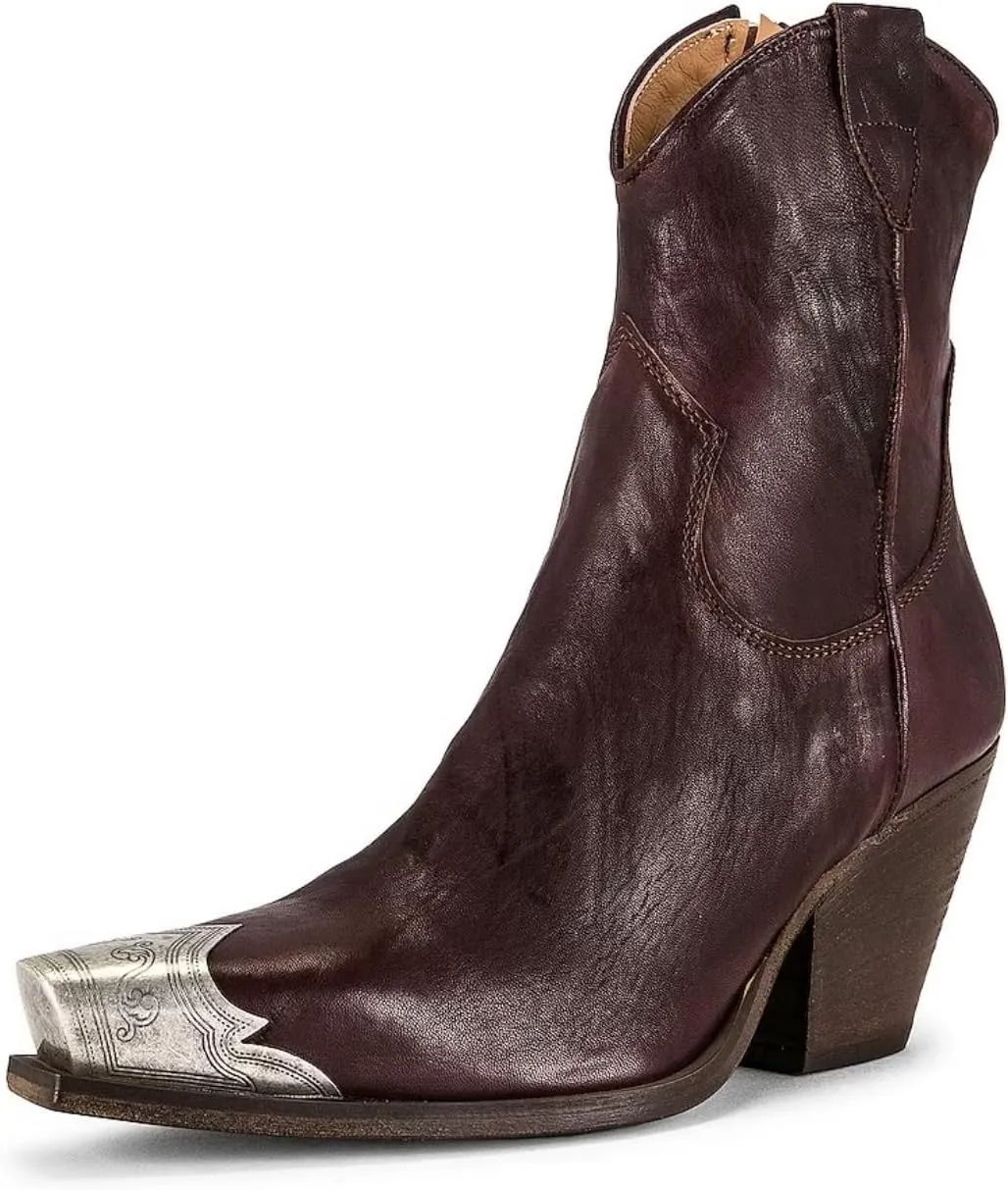 keleimusi Women's Western Cowgirl Ankle Boots Stacked Block Heel Cowboy Booties Steel Toe Heeled Short Cowboy Boots Side Zipper Western Booties for Women