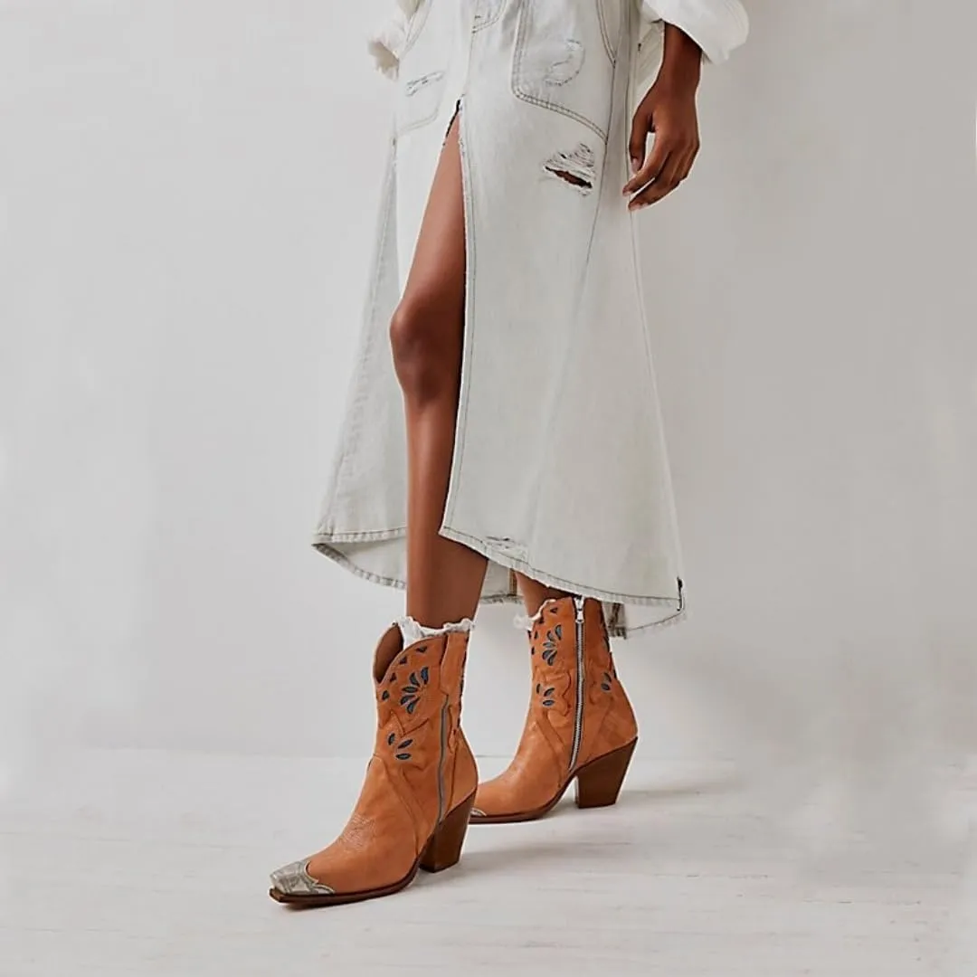 keleimusi Women's Western Cowgirl Ankle Boots Stacked Block Heel Cowboy Booties Steel Toe Heeled Short Cowboy Boots Side Zipper Western Booties for Women