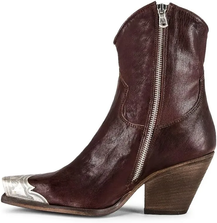 keleimusi Women's Western Cowgirl Ankle Boots Stacked Block Heel Cowboy Booties Steel Toe Heeled Short Cowboy Boots Side Zipper Western Booties for Women
