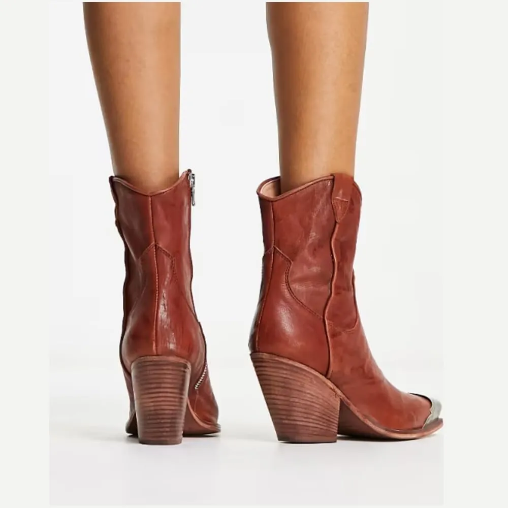keleimusi Women's Western Cowgirl Ankle Boots Stacked Block Heel Cowboy Booties Steel Toe Heeled Short Cowboy Boots Side Zipper Western Booties for Women