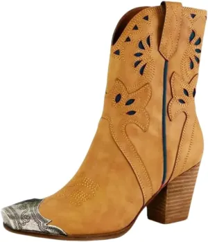 keleimusi Women's Western Cowgirl Ankle Boots Stacked Block Heel Cowboy Booties Steel Toe Heeled Short Cowboy Boots Side Zipper Western Booties for Women