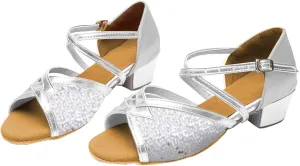 Kids Girl Satin Latin Dance Shoes Ballroom Performance Dance Shoes Adjustable High Heels Shoe