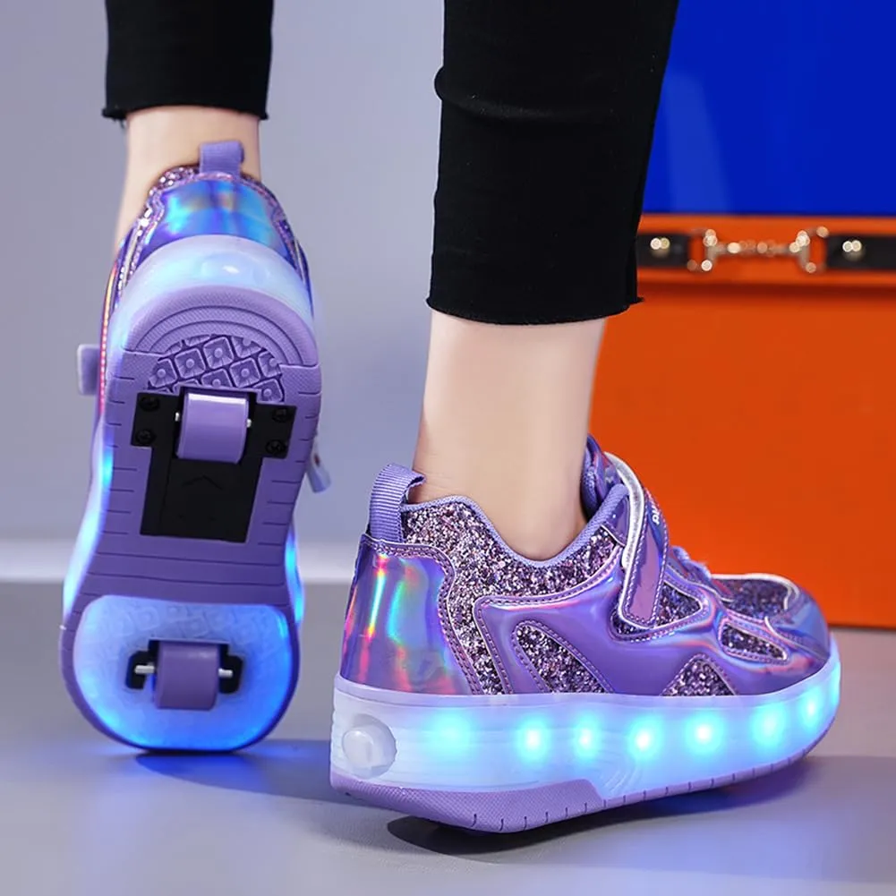 Kids Shoes with Double Wheels - Upgraded Kids Roller Shoes for Gifts, Retractable Wheels Skateboarding Shoes for Kids Sneakers Light Up Rechargeable for Birthday Party Gift
