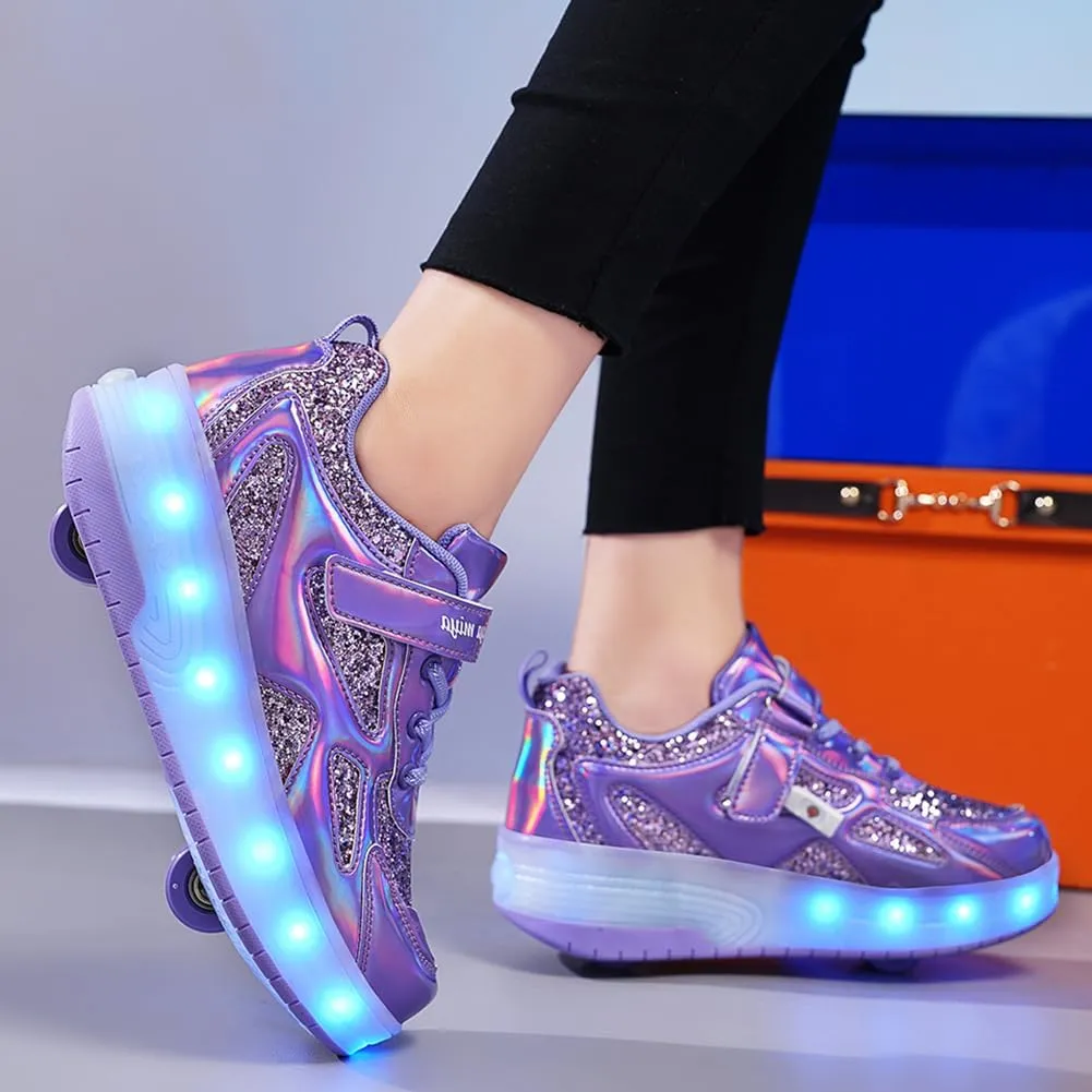 Kids Shoes with Double Wheels - Upgraded Kids Roller Shoes for Gifts, Retractable Wheels Skateboarding Shoes for Kids Sneakers Light Up Rechargeable for Birthday Party Gift