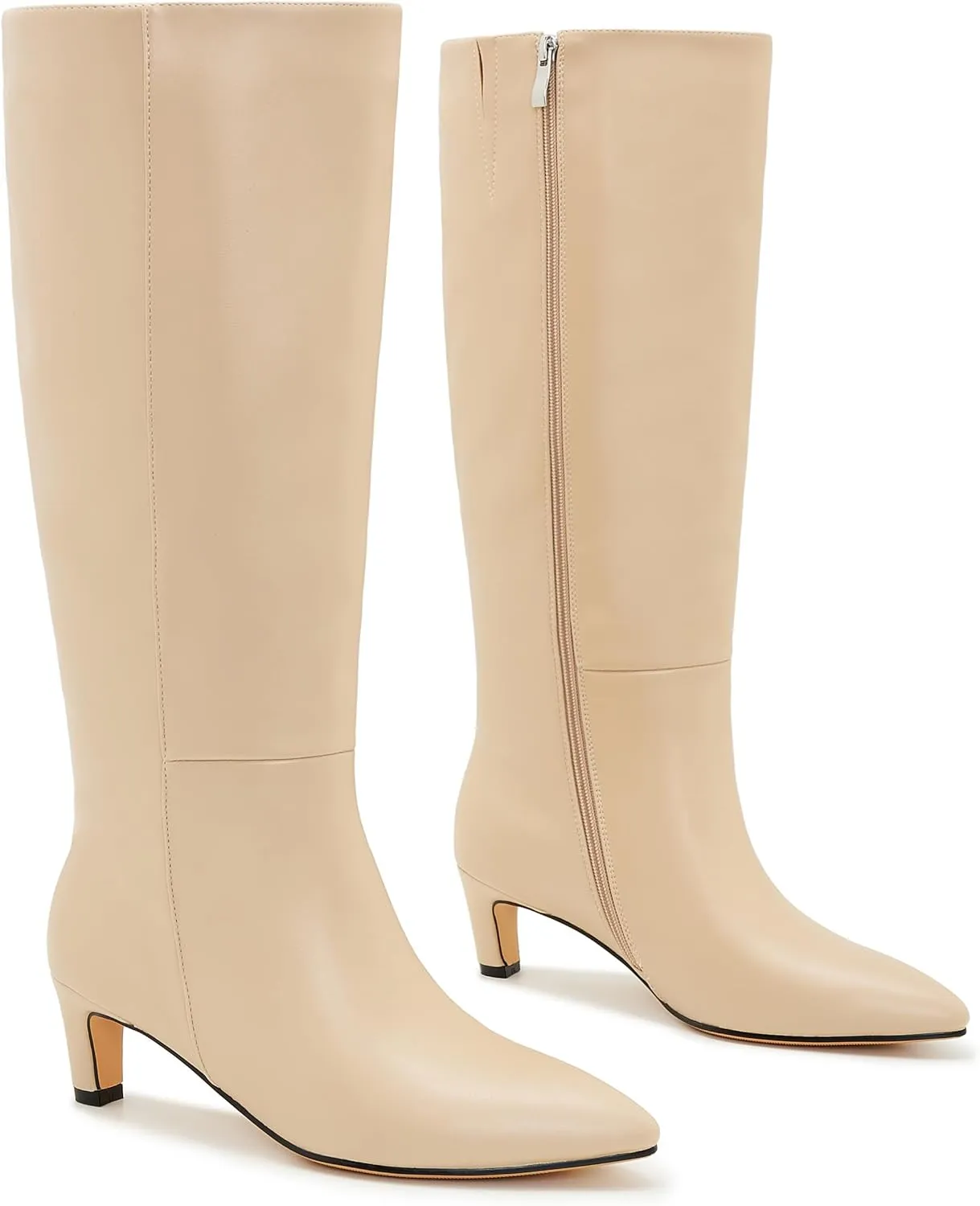 Kitten Heel Boots For Women Knee High Boots Low Heels Wide Calf Pointed Toe Stiletto