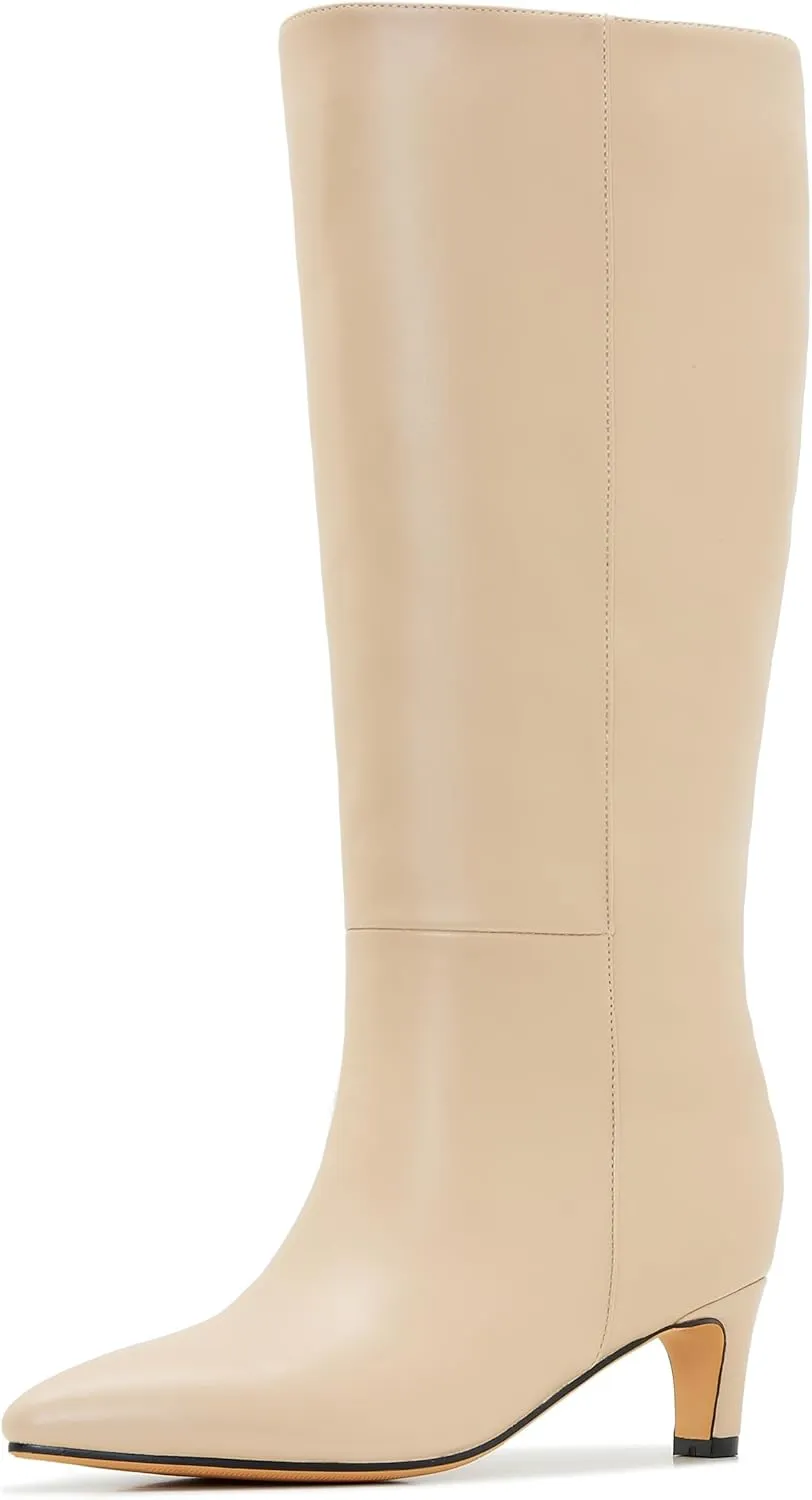 Kitten Heel Boots For Women Knee High Boots Low Heels Wide Calf Pointed Toe Stiletto