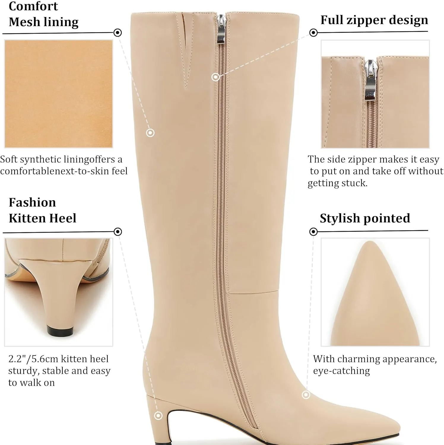 Kitten Heel Boots For Women Knee High Boots Low Heels Wide Calf Pointed Toe Stiletto