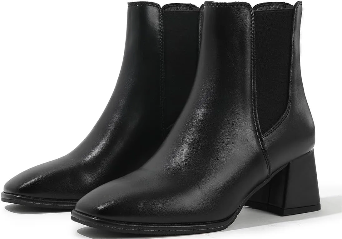 kkdom Women Squared Toe Flare Block Heel Soft Stretch Boot Back Zipper Fashion Mid Heel Ankle Bootie