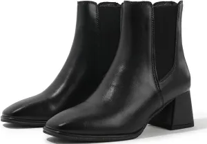 kkdom Women Squared Toe Flare Block Heel Soft Stretch Boot Back Zipper Fashion Mid Heel Ankle Bootie