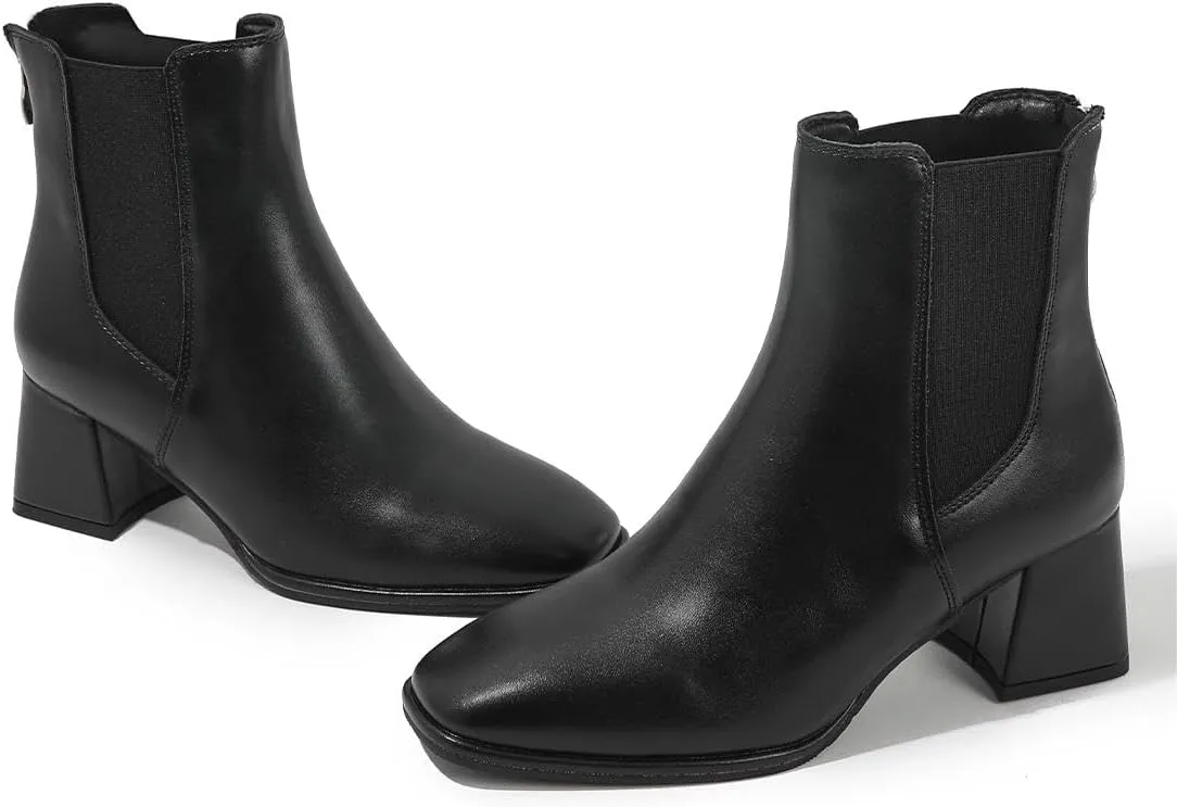 kkdom Women Squared Toe Flare Block Heel Soft Stretch Boot Back Zipper Fashion Mid Heel Ankle Bootie