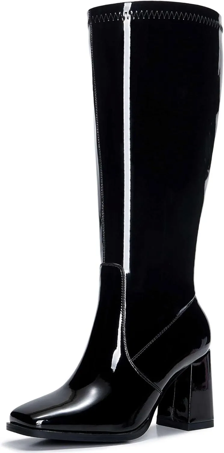 Knee-High Boots for Women - Wide Calf Boots with Zipper, Square Toe Tall Leather Boots, Chunky Heel Fashion Long Boots