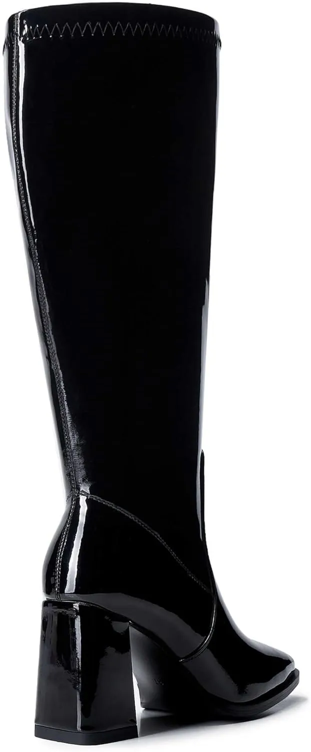 Knee-High Boots for Women - Wide Calf Boots with Zipper, Square Toe Tall Leather Boots, Chunky Heel Fashion Long Boots