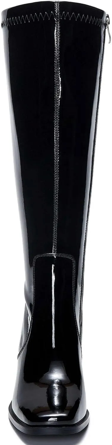 Knee-High Boots for Women - Wide Calf Boots with Zipper, Square Toe Tall Leather Boots, Chunky Heel Fashion Long Boots