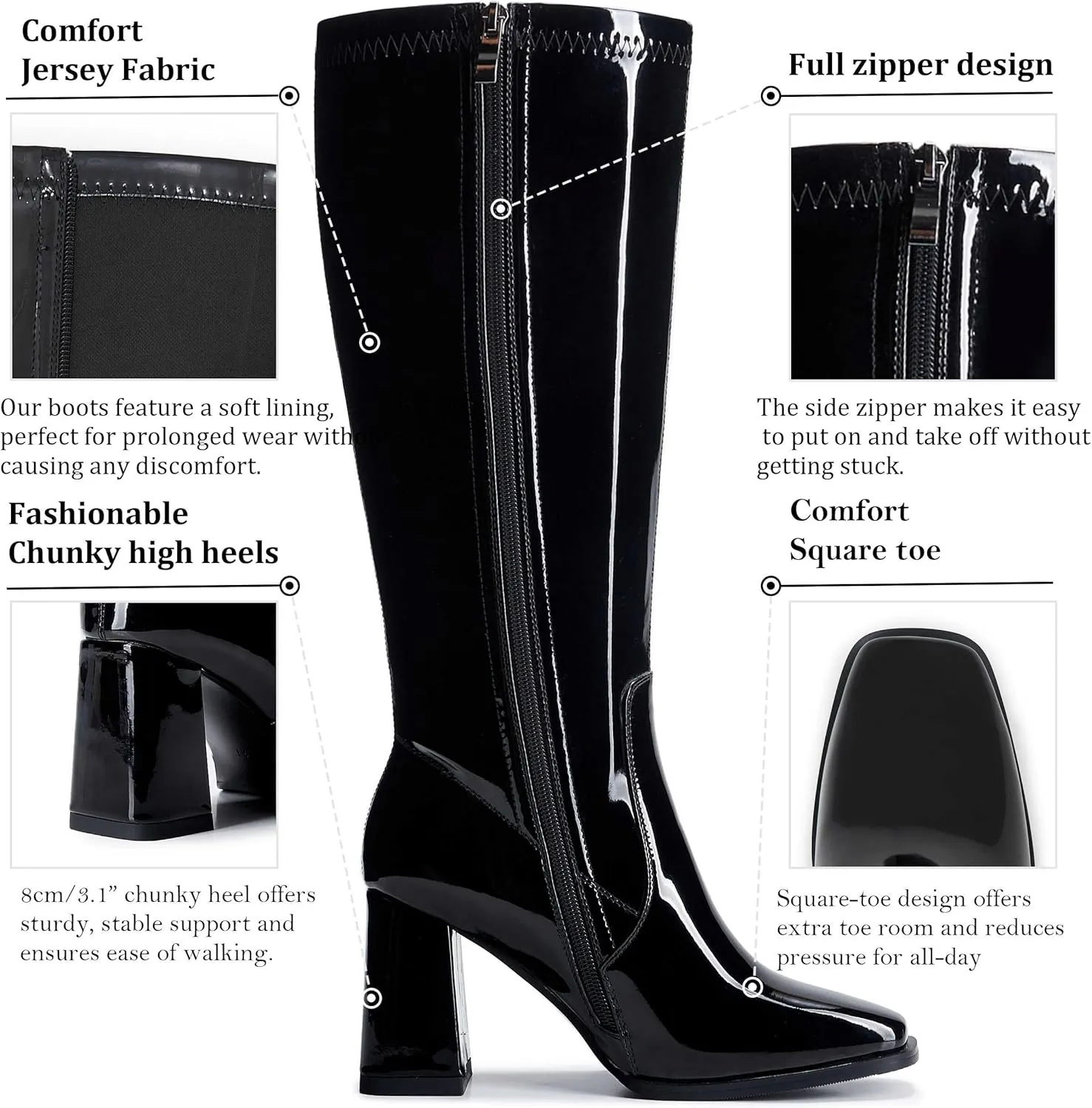 Knee-High Boots for Women - Wide Calf Boots with Zipper, Square Toe Tall Leather Boots, Chunky Heel Fashion Long Boots
