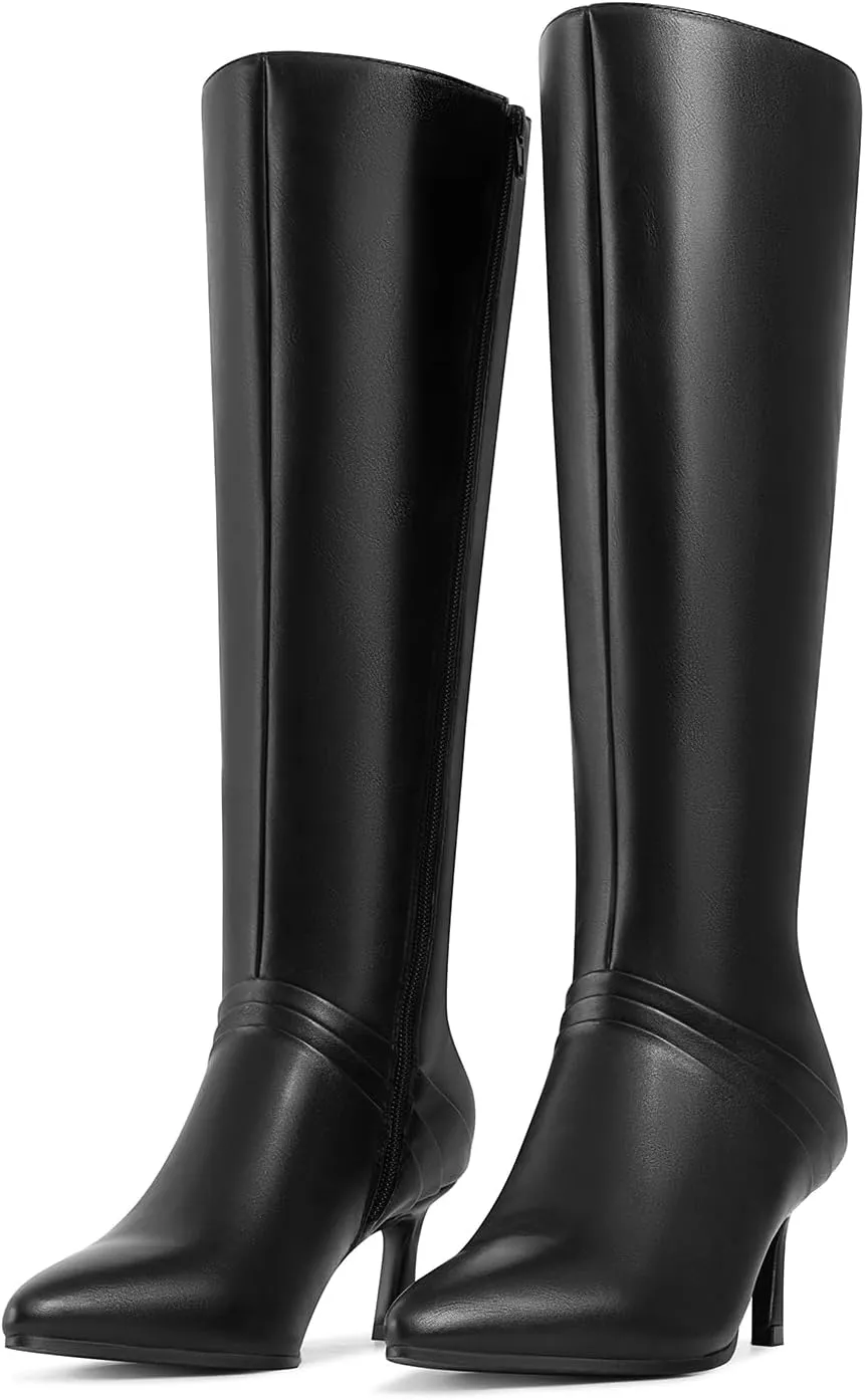 Knee High Boots for Women with Kitten Heel Pointed Toe Side Zipper Design