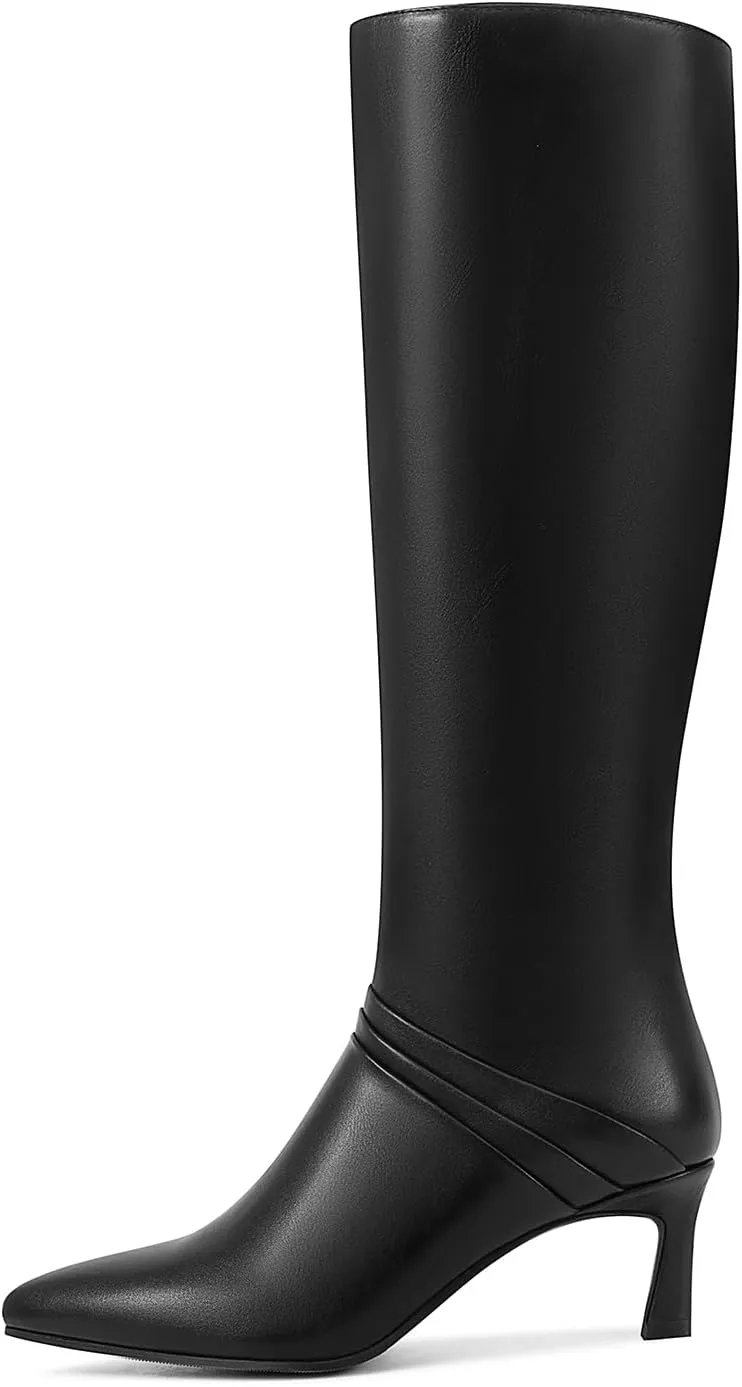 Knee High Boots for Women with Kitten Heel Pointed Toe Side Zipper Design