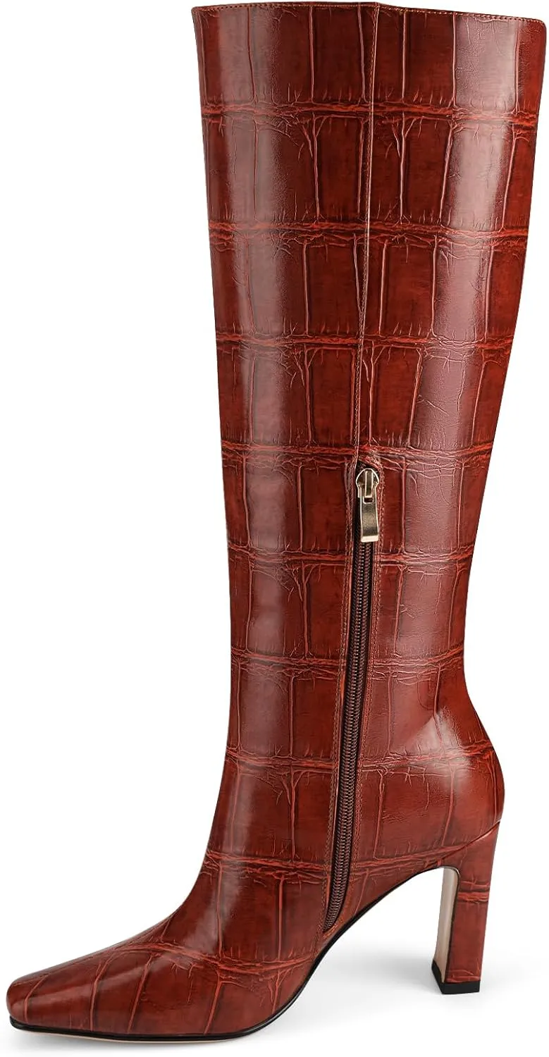 Knee High Boots Women Black Long Boots Slip on Tall Boots Chunky High Heel Square Toe Crocodile Pattern Leather Boots with Side Zipper for Ladies Sexy