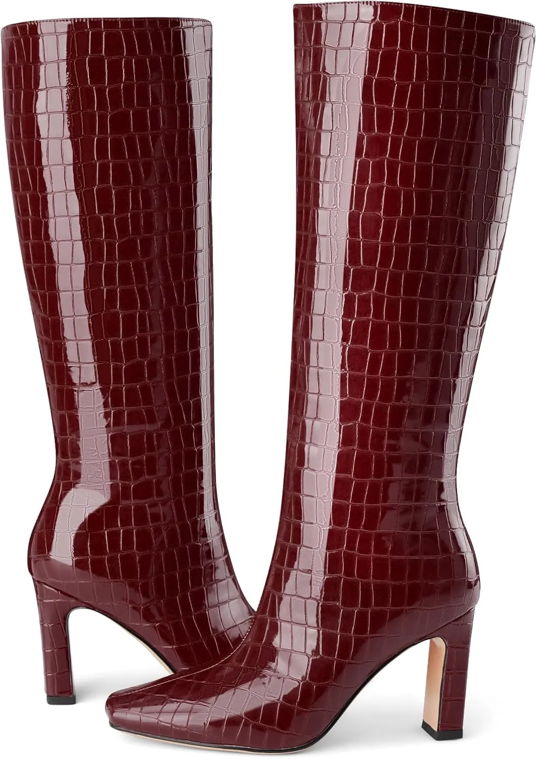 Knee High Boots Women Black Long Boots Slip on Tall Boots Chunky High Heel Square Toe Crocodile Pattern Leather Boots with Side Zipper for Ladies Sexy