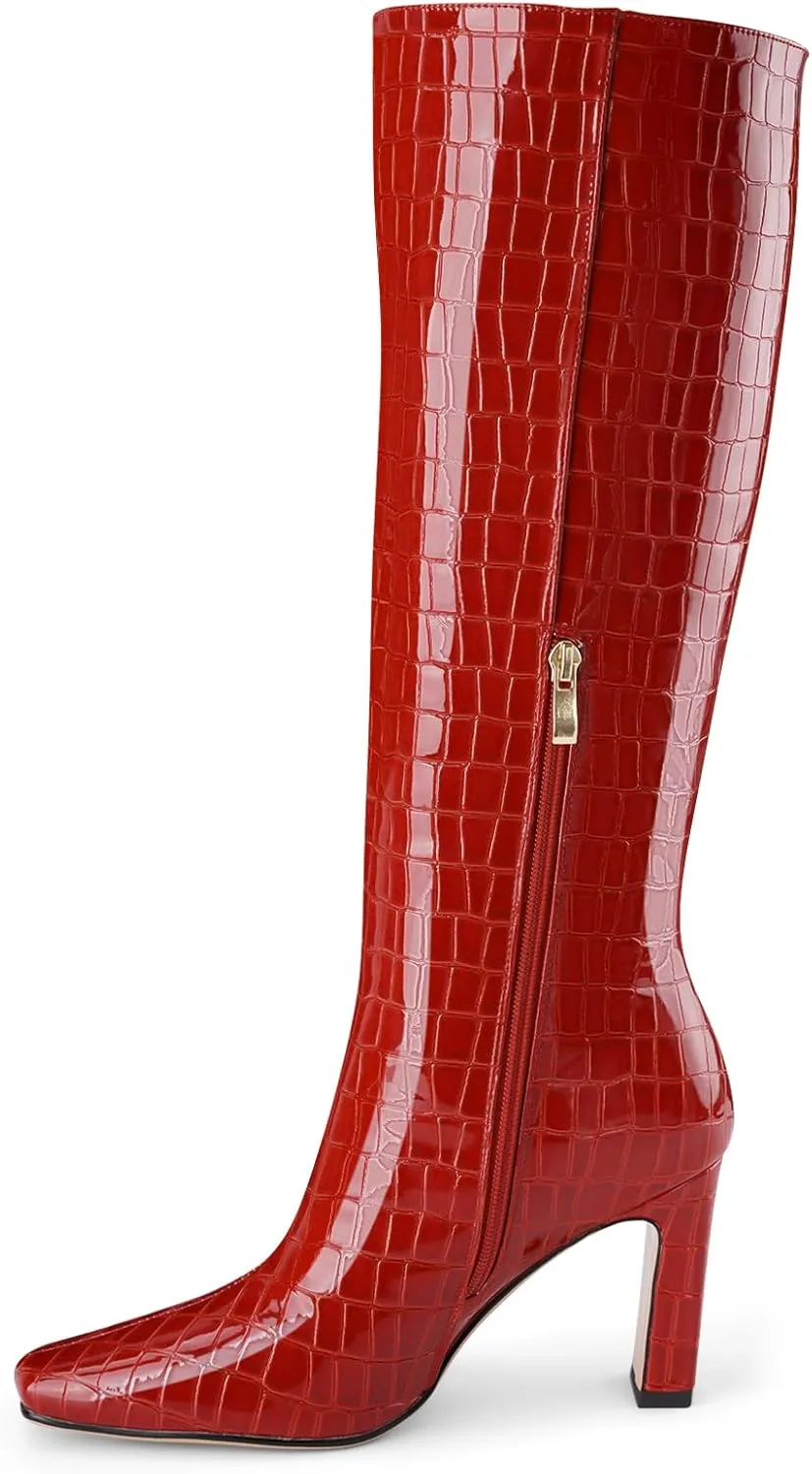 Knee High Boots Women Black Long Boots Slip on Tall Boots Chunky High Heel Square Toe Crocodile Pattern Leather Boots with Side Zipper for Ladies Sexy