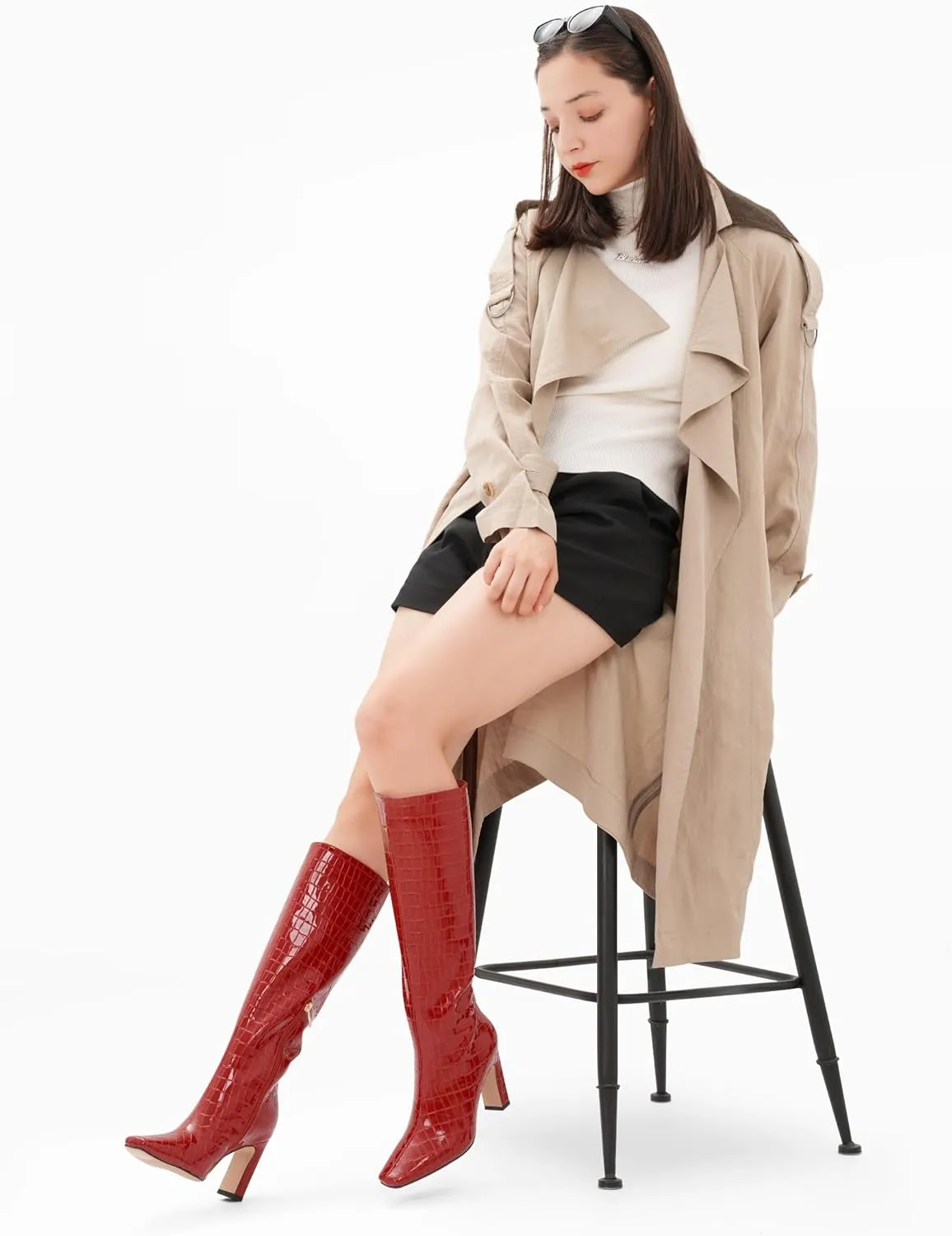 Knee High Boots Women Black Long Boots Slip on Tall Boots Chunky High Heel Square Toe Crocodile Pattern Leather Boots with Side Zipper for Ladies Sexy