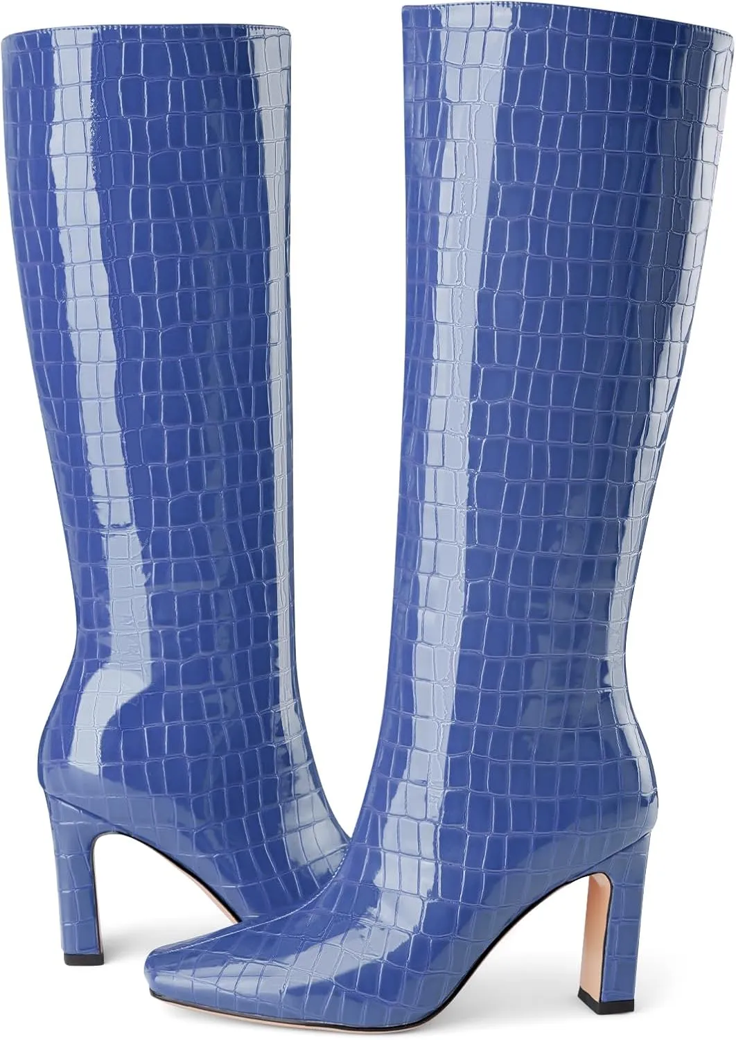 Knee High Boots Women Black Long Boots Slip on Tall Boots Chunky High Heel Square Toe Crocodile Pattern Leather Boots with Side Zipper for Ladies Sexy
