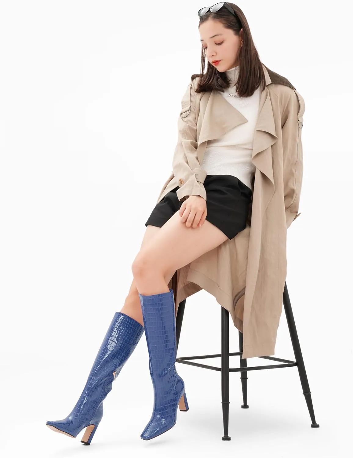 Knee High Boots Women Black Long Boots Slip on Tall Boots Chunky High Heel Square Toe Crocodile Pattern Leather Boots with Side Zipper for Ladies Sexy