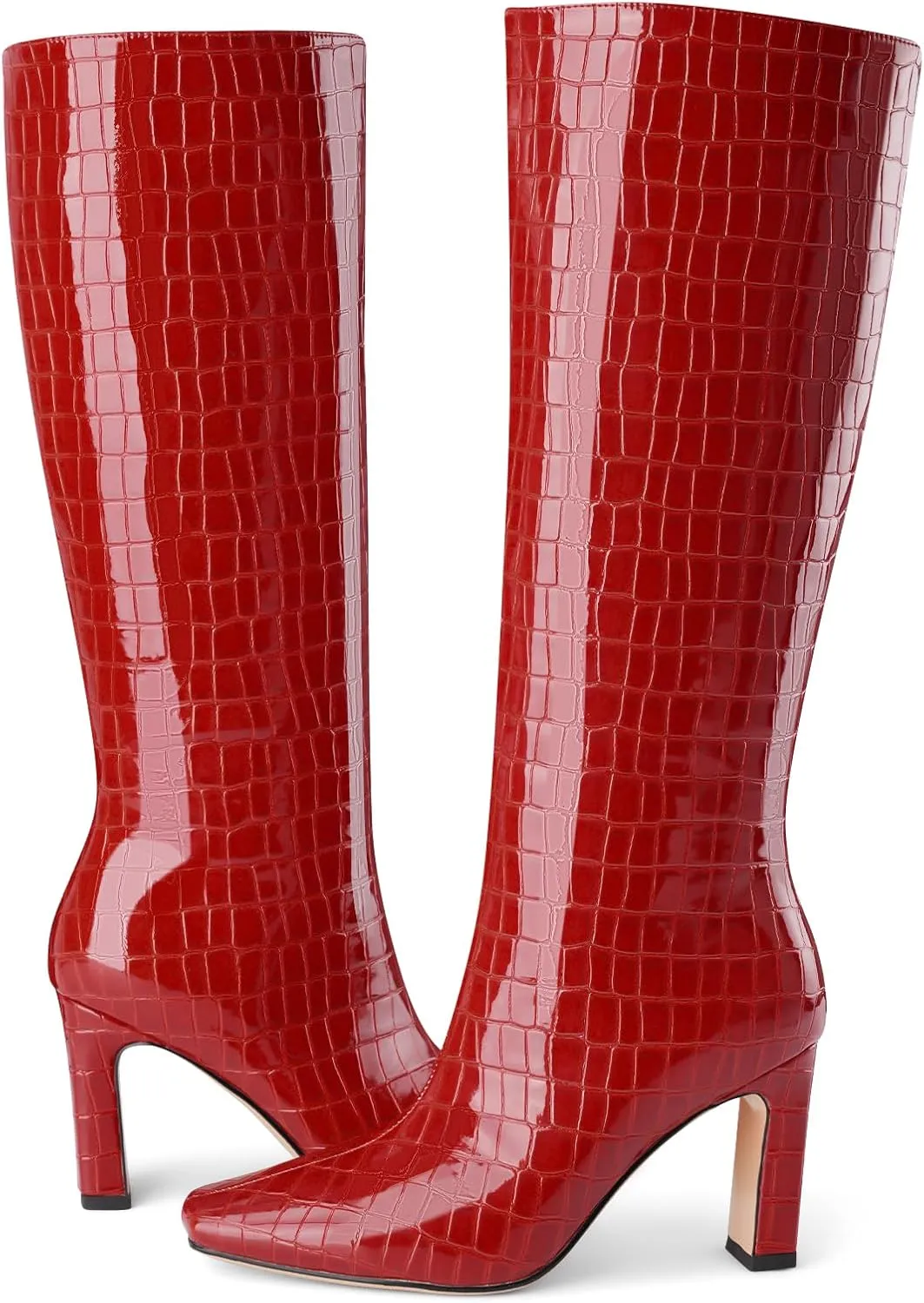 Knee High Boots Women Black Long Boots Slip on Tall Boots Chunky High Heel Square Toe Crocodile Pattern Leather Boots with Side Zipper for Ladies Sexy