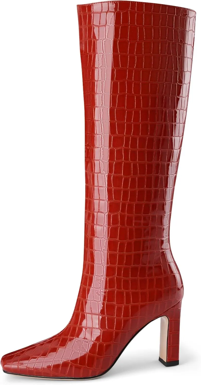Knee High Boots Women Black Long Boots Slip on Tall Boots Chunky High Heel Square Toe Crocodile Pattern Leather Boots with Side Zipper for Ladies Sexy