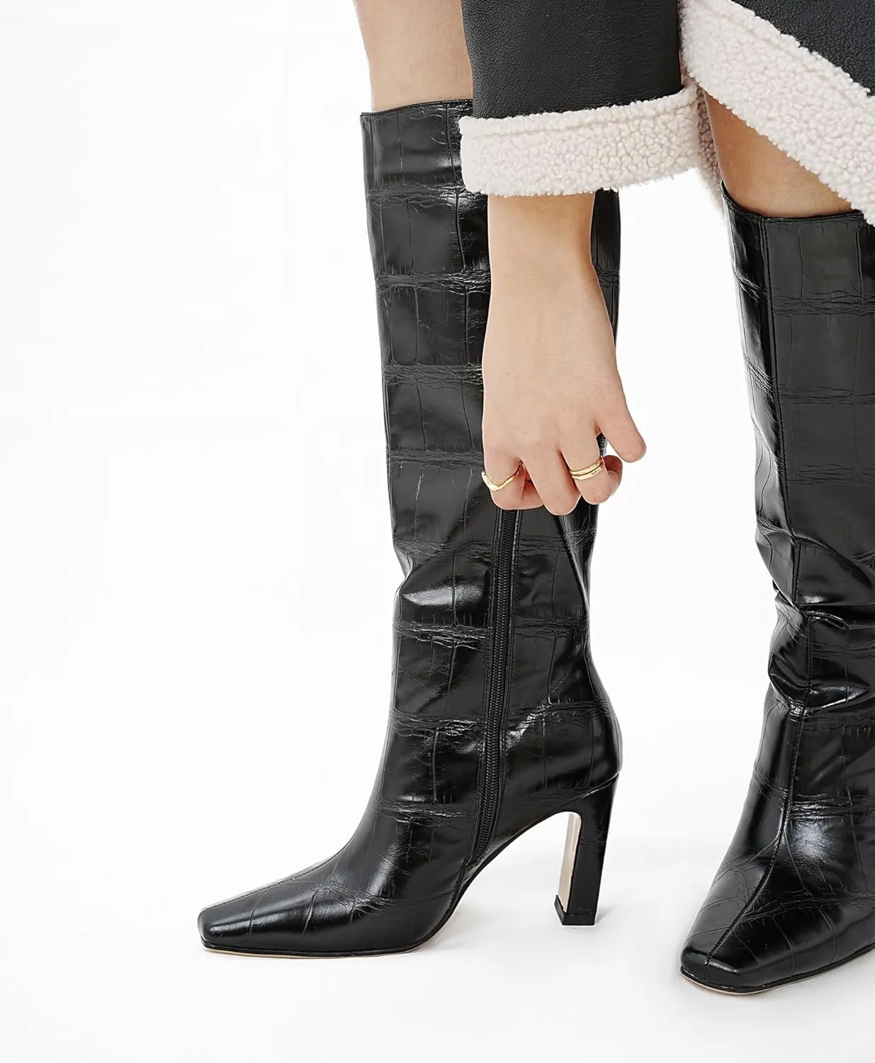 Knee High Boots Women Black Long Boots Slip on Tall Boots Chunky High Heel Square Toe Crocodile Pattern Leather Boots with Side Zipper for Ladies Sexy