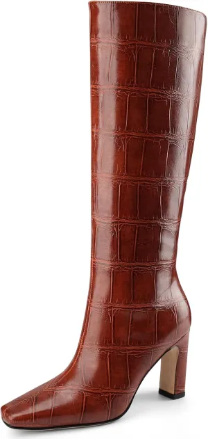 Knee High Boots Women Black Long Boots Slip on Tall Boots Chunky High Heel Square Toe Crocodile Pattern Leather Boots with Side Zipper for Ladies Sexy