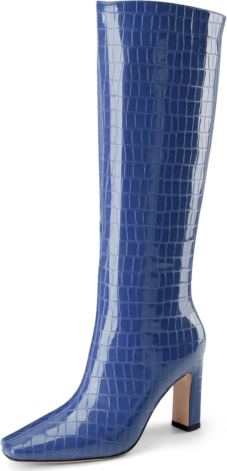 Knee High Boots Women Black Long Boots Slip on Tall Boots Chunky High Heel Square Toe Crocodile Pattern Leather Boots with Side Zipper for Ladies Sexy