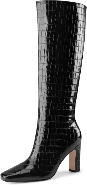 Knee High Boots Women Black Long Boots Slip on Tall Boots Chunky High Heel Square Toe Crocodile Pattern Leather Boots with Side Zipper for Ladies Sexy
