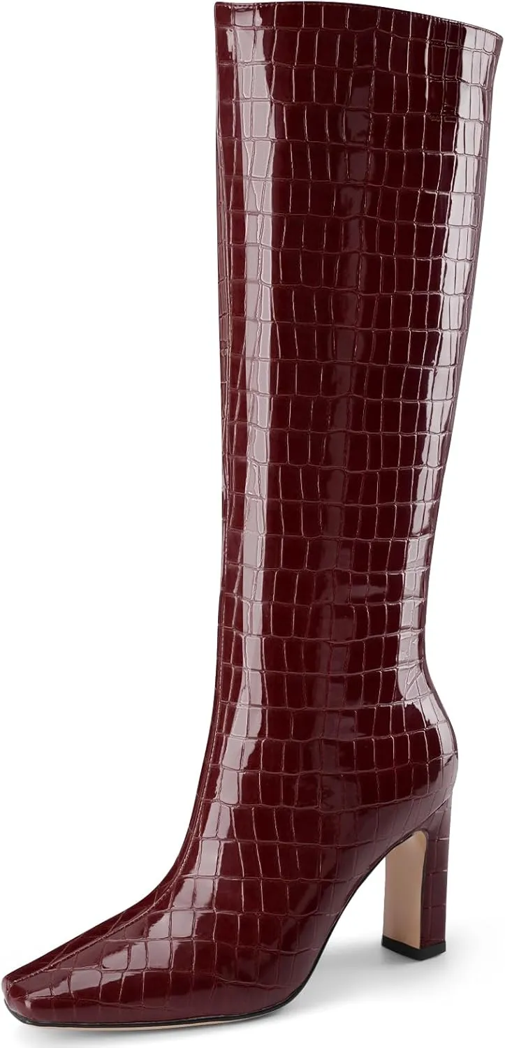 Knee High Boots Women Black Long Boots Slip on Tall Boots Chunky High Heel Square Toe Crocodile Pattern Leather Boots with Side Zipper for Ladies Sexy