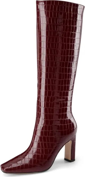 Knee High Boots Women Black Long Boots Slip on Tall Boots Chunky High Heel Square Toe Crocodile Pattern Leather Boots with Side Zipper for Ladies Sexy