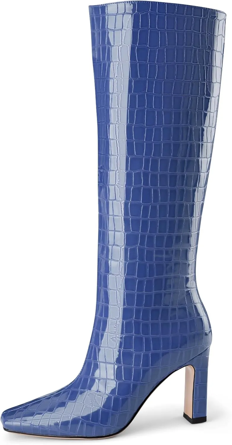 Knee High Boots Women Black Long Boots Slip on Tall Boots Chunky High Heel Square Toe Crocodile Pattern Leather Boots with Side Zipper for Ladies Sexy
