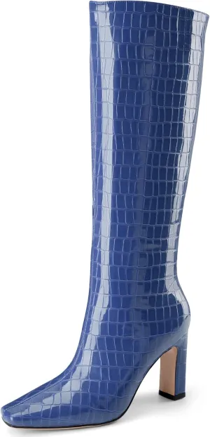Knee High Boots Women Black Long Boots Slip on Tall Boots Chunky High Heel Square Toe Crocodile Pattern Leather Boots with Side Zipper for Ladies Sexy