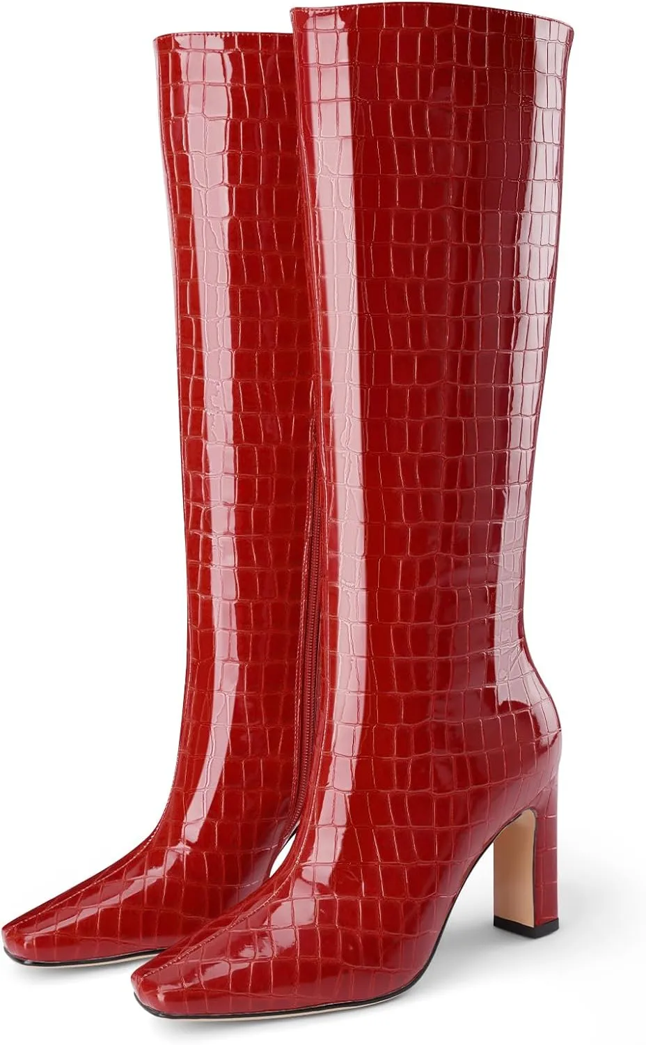 Knee High Boots Women Black Long Boots Slip on Tall Boots Chunky High Heel Square Toe Crocodile Pattern Leather Boots with Side Zipper for Ladies Sexy