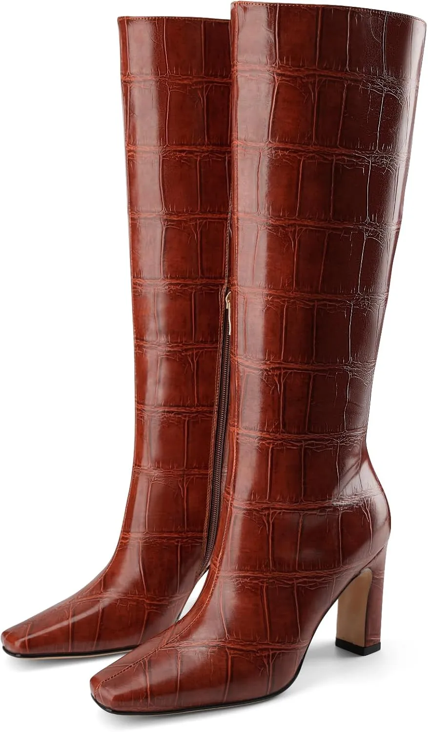 Knee High Boots Women Black Long Boots Slip on Tall Boots Chunky High Heel Square Toe Crocodile Pattern Leather Boots with Side Zipper for Ladies Sexy