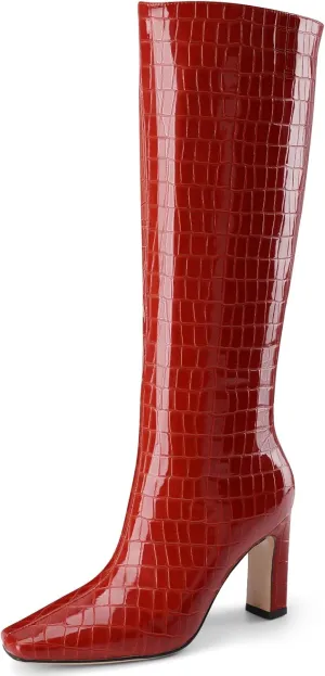 Knee High Boots Women Black Long Boots Slip on Tall Boots Chunky High Heel Square Toe Crocodile Pattern Leather Boots with Side Zipper for Ladies Sexy