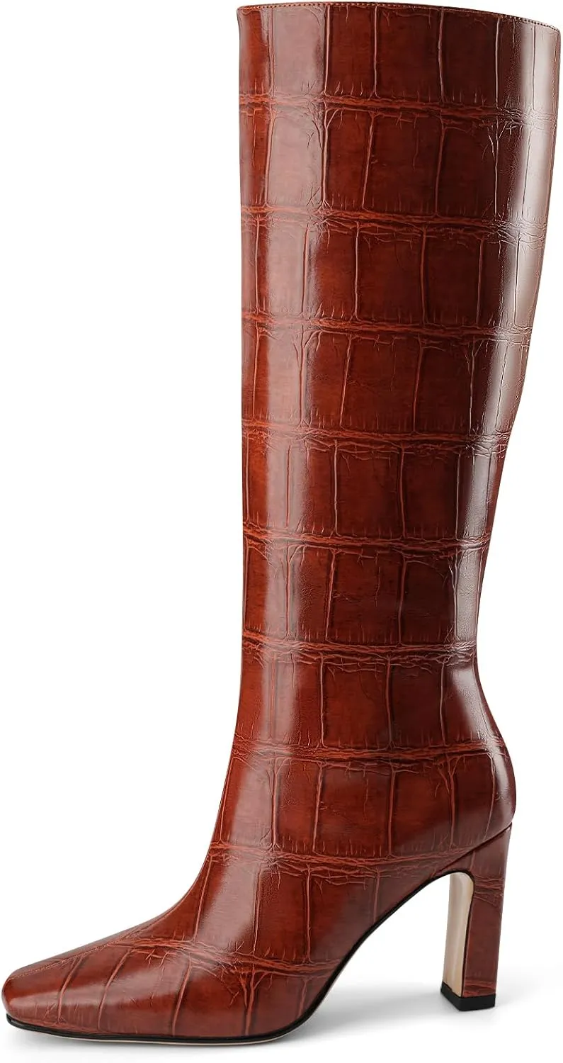 Knee High Boots Women Black Long Boots Slip on Tall Boots Chunky High Heel Square Toe Crocodile Pattern Leather Boots with Side Zipper for Ladies Sexy