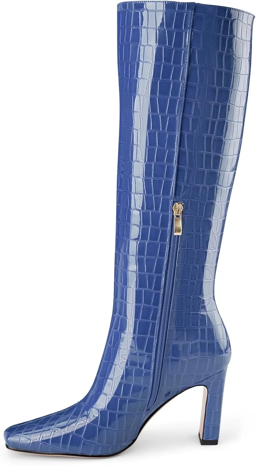 Knee High Boots Women Black Long Boots Slip on Tall Boots Chunky High Heel Square Toe Crocodile Pattern Leather Boots with Side Zipper for Ladies Sexy