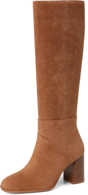 Knee High Boots Women Fall Winter Faux Suede Square Toe Chunky Block Heel Wide Calf Boots Fashion Side Zipper Long Boot