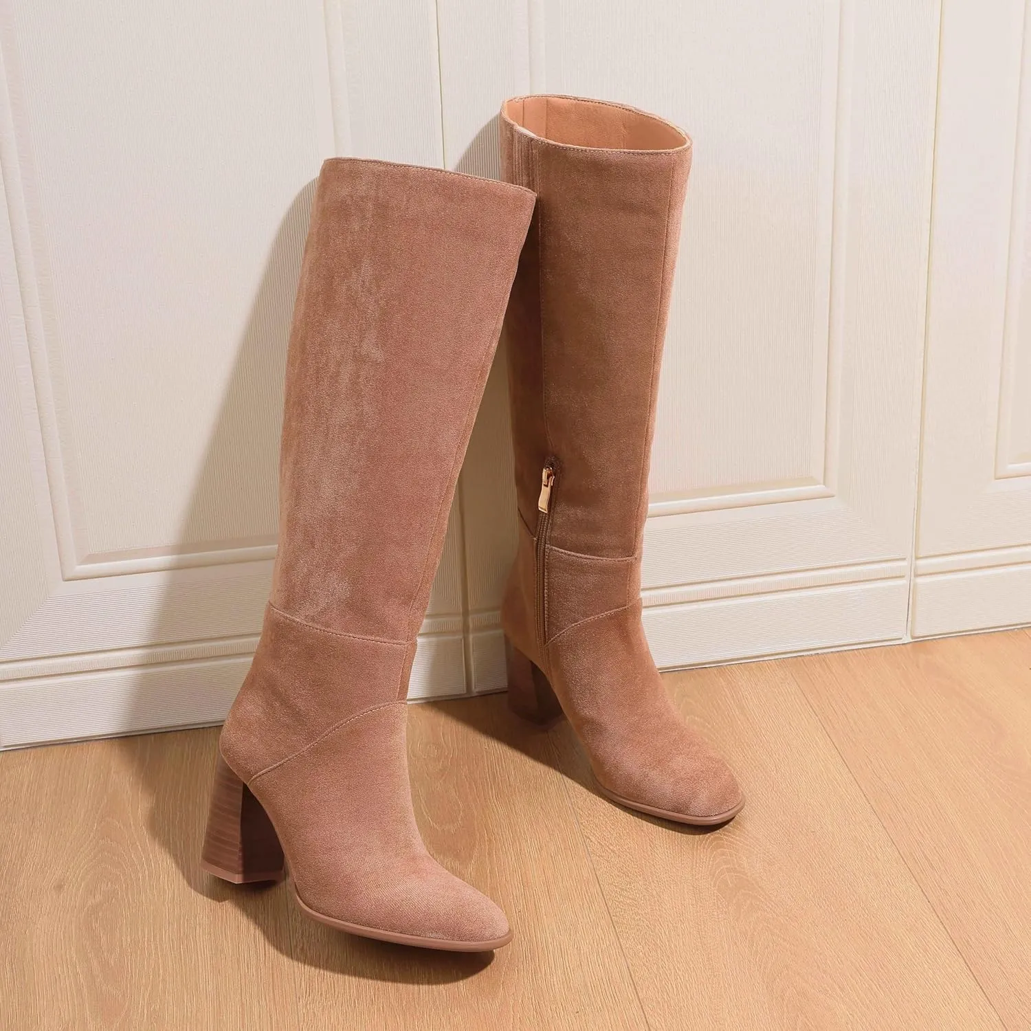 Knee High Boots Women Fall Winter Faux Suede Square Toe Chunky Block Heel Wide Calf Boots Fashion Side Zipper Long Boot